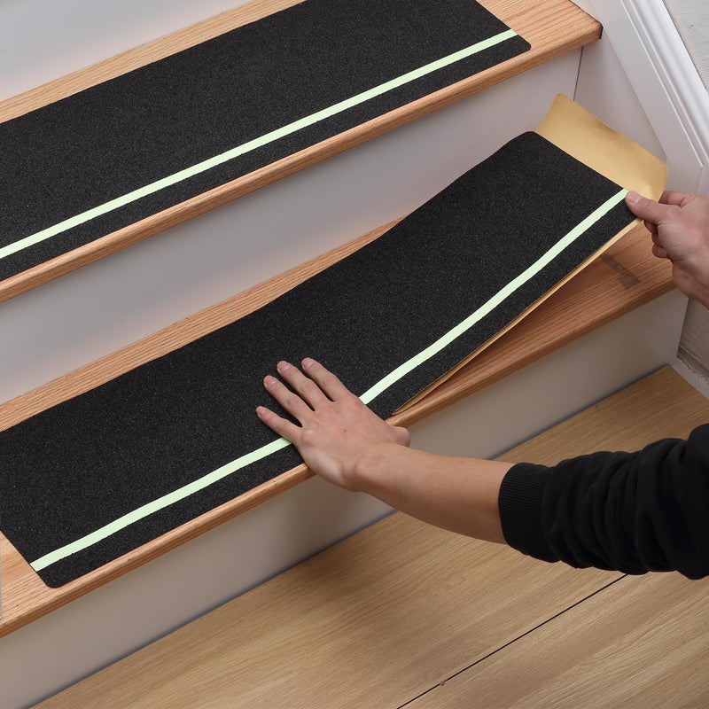 MBIGM 12-Pack Non-Slip Outdoor Stair Treads with Glow - Anti Slip 8"" X 30"" Grip Tape Adhesive Strips - Heavy Duty Traction for Steps, Staircase, Deck - Image 1